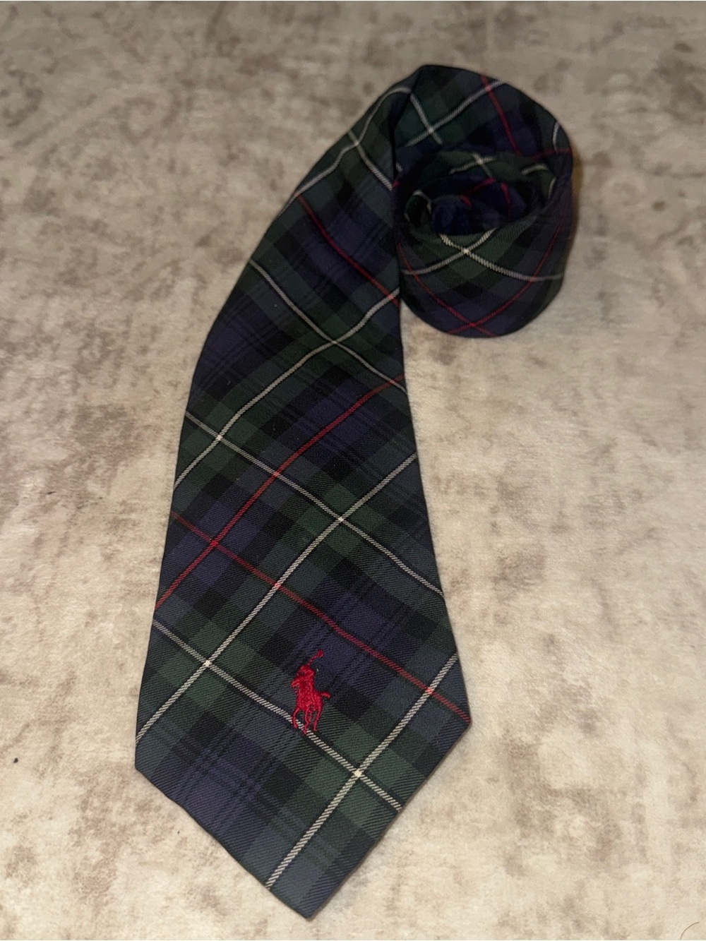 Polo by Ralph Lauren Green & Navy Plaid Silk Tie with Red Pony